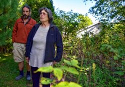 Margaret Holcomb and her son Tim Holcomb stand where Margaret's marijuana plant was seized the other day from her backyard in Amherst.