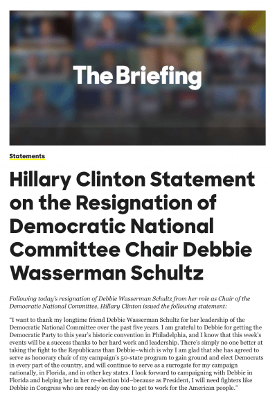 Hillary Clinton Statement on the Resignation of Democratic National Committee Chair Debbie Wasserman Schultz