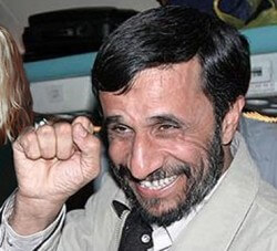Pixie-ish Iranian leader Mahmoud Ahmadinejad leads supporters in a "Yes We Can" chant