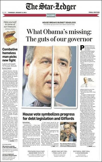 And the award for Front Page of the Day goes to the Newark Star-Ledger