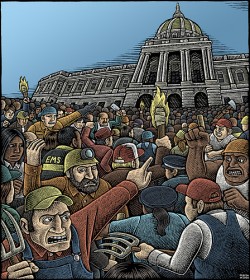 GE shareholders gather outside MSNBC's headquarters. Keith Olbermann cowers in fear inside.