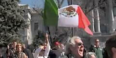 Problem with the concept: Protesters chant “U.S.A., U.S.A., U.S.A.” while waving Mexican flag